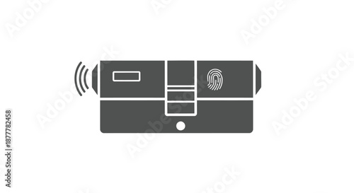 Monochromatic illustration of a rectangular electronic device with wireless signal, a slot, and a fingerprint icon, suggesting a smart remote or dongle.