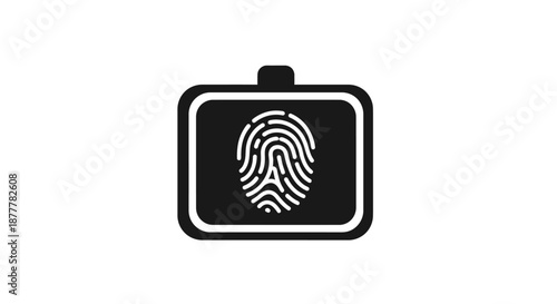 A black rectangular icon displaying a white fingerprint pattern, symbolizing biometric security and digital identification.