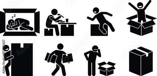 Stick figure icons illustrating various interactions and uses of cardboard boxes