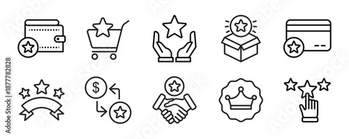 Benefit line icon set. Reward, bonus, loyalty, star, winner, award, employees etc. Editable stroke