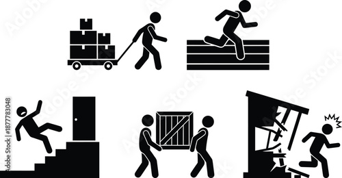 A collection of stick figure pictograms showing different types of potential workplace safety hazards and risks