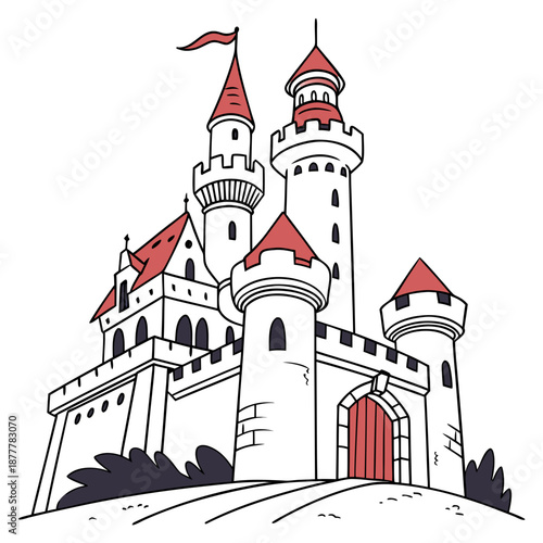 Fantasy Castle Illustration – Medieval Fairytale Palace Line Art Design

