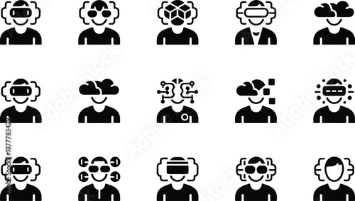 Artificial intelligence avatar icon set showing futuristic user faces with VR AR neural cloud technology, modern black vector symbols