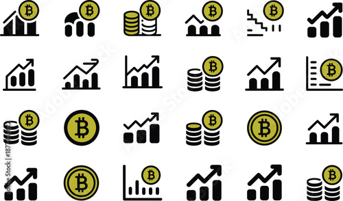 Bitcoin finance and cryptocurrency growth icon set with charts coins analytics investment trends minimal vector symbols for digital economy