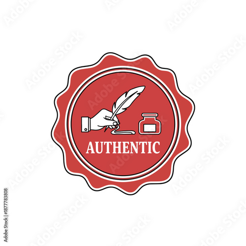 Authenticity Badge Illustration with Quill Pen and Inkwell, Classic Certification Seal Vector