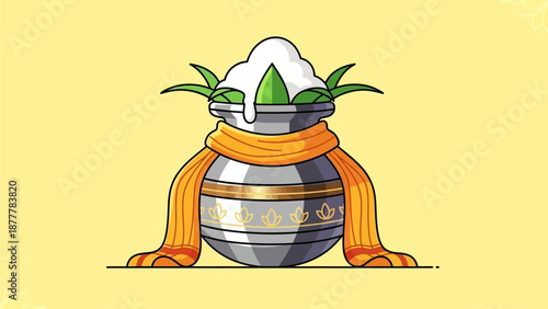 Vibrant traditional pot with overflowing sweet rice, adorned with fresh mango leaves and a ceremonial scarf, symbolizing abundance and prosperity for Thaipusam festivities