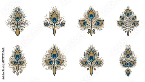 Vibrant vector art collection of intricate stylized peacock feather motifs, perfect for Thaipusam celebrations, spiritual decor, and diverse cultural design projects