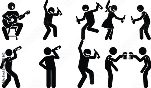 Stick figures illustration of people partying, drinking, and playing music