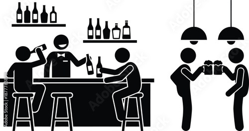 A pictogram illustration depicting people drinking at a bar and toasting with beer mugs