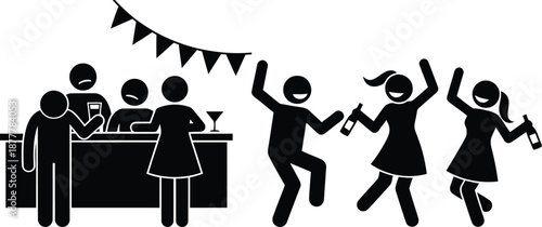 A group of people having fun and dancing while others are at the bar during a celebration