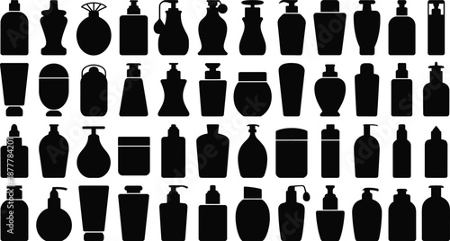 Black cosmetic bottle silhouette set on orange background for beauty skincare packaging branding vector icon design collection industry