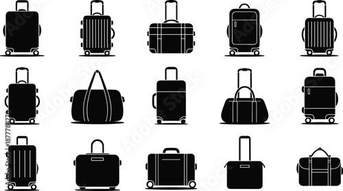 Black luggage and suitcase silhouette icon set showing travel bags and baggage collection isolated on white background vector design