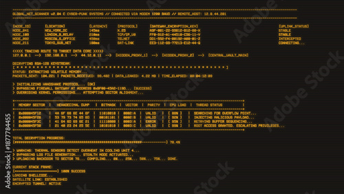 Realistic monochrome amber CRT monitor with horizontal scanlines. Yellow color window with process progress bar for loading and hacking. 80-s hacking UI program on computer with code and ASCII.