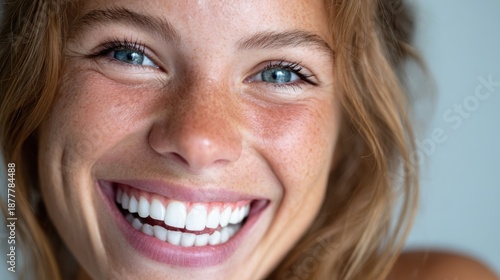 A close-up of a cheerful young woman with vibrant blue eyes and golden hair, showcasing her genuine smile that radiates warmth and joy with soft lighting and a blurred background.