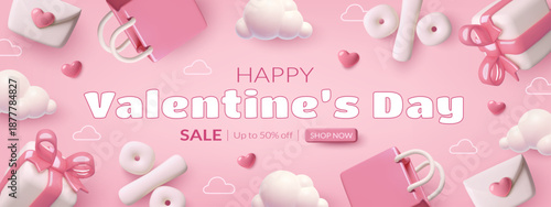 Valentine's Day sale banner with cute 3d hearts, clouds, gift bags and present boxes on romantic pink sky background. Realistic vector design.