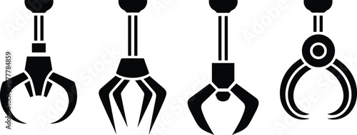 Collection of four distinct robotic gripper claw icons representing industrial automation and automated machinery used for grabbing and lifting objects