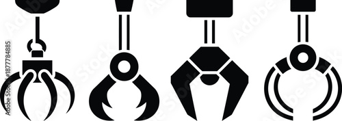Collection of four industrial mechanical robotic claw grippers designed for picking and moving objects in various settings