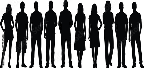 Black silhouette of a diverse group of men and women standing together, community and teamwork concept, people row on white background