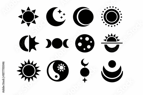 Collection of minimalist celestial icons showing sun, moon phases, eclipse, stars, and abstract astronomy symbols in black silhouette style