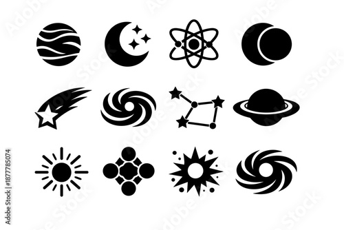 Set of black celestial and science icons including planets, moons, atom symbol, comet, galaxy swirl, constellation, and sun silhouettes
