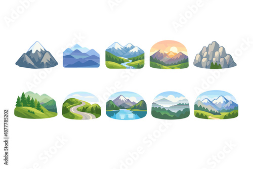 Set of stylized landscape icons showing mountains, rivers, valleys, forests, lakes, winding road and sunrise scenes in clean flat illustration style