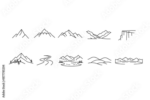 Minimal line-art mountain and landscape icon set featuring peaks, ridges, forested slopes, winding river, lake, hills, and plateau silhouettes