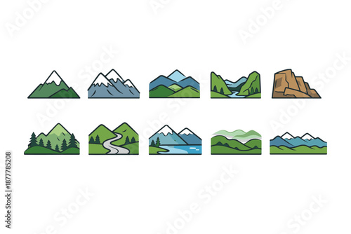 Set of simplified landscape icons showing mountains, snowy peaks, forest hills, winding river valley, lakeside shoreline, and rocky cliff formations