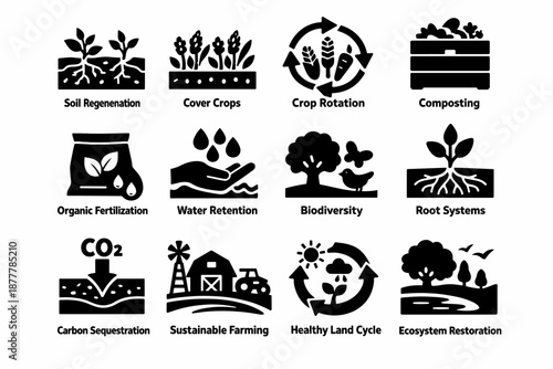 Set of regenerative agriculture icons illustrating soil regeneration, cover crops, crop rotation, composting, biodiversity, water retention, and carbon sequestration