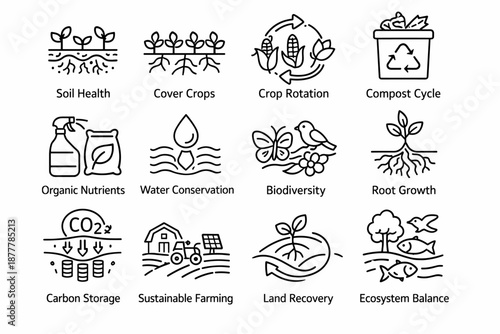 Sustainable agriculture infographic icons illustrating soil health, cover crops, crop rotation, composting, water conservation, biodiversity, and carbon storage