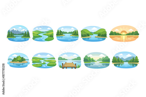 Set of colorful cartoon landscape icons showing lakes, rivers, islands, mountains, forests, wetlands, and a sunrise over calm water scenes