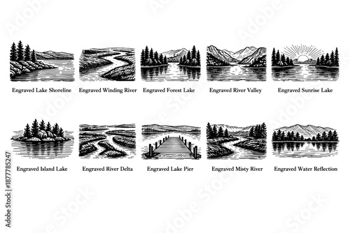 Collection of engraved landscape vignettes showing lakes, winding rivers, forest shorelines, mountain valleys, sunrise horizons, piers, mist, and reflections
