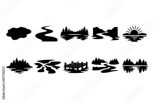 Set of black silhouette water landscape icons featuring rivers, lakes, forest reflections, wooden dock, islands, mountains, and sunrise scenes