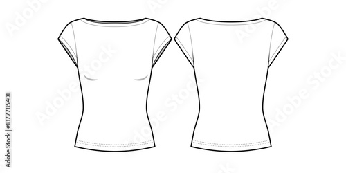 Women's Boat-Neck Cap-Sleeve Fitted Top-Top-Front and Back View- Flat Vector Illustration-Boat Neck Top CAD/ Vector Mock-up