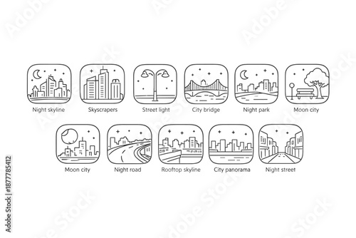 Minimal line icon set of nighttime city scenes with skyline, skyscrapers, bridge, streetlights, roads, rooftops, parks, moon and stars