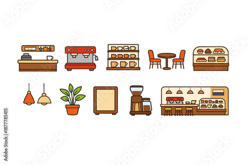 Flat vector set of coffee shop and bakery interior elements including espresso machine, counter display, shelves, seating, lamps, plant, and grinder