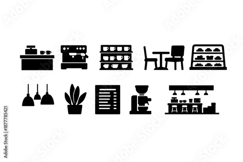 Black silhouette icon set of coffee shop interior elements including counter, espresso machine, shelving, seating, lighting, menu board, and bar