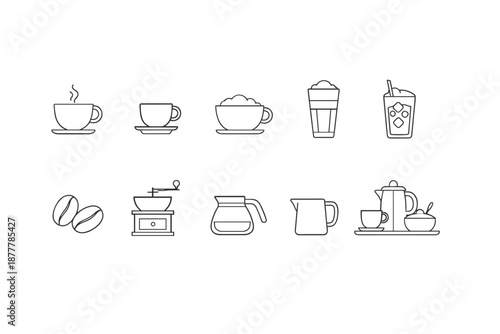 Minimal line icon set of coffee and tea drinks with beans, grinder, pot, kettle, and cups, simple outline symbols for cafe beverage menu