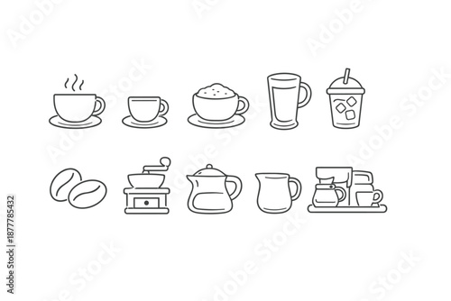 Minimal line art set of coffee and tea items including cups, latte, iced drink, beans, grinder, teapot, milk pitcher, and espresso machine icons