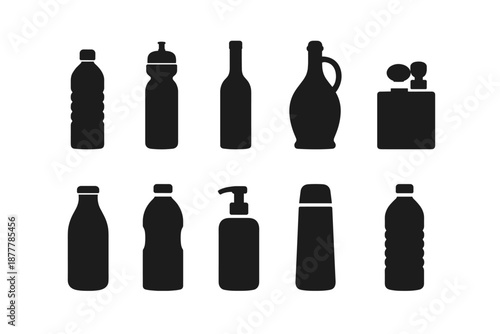 Black silhouettes of assorted bottles and containers set on white background, including water bottles, pump dispenser, thermos, jug, and flask icons