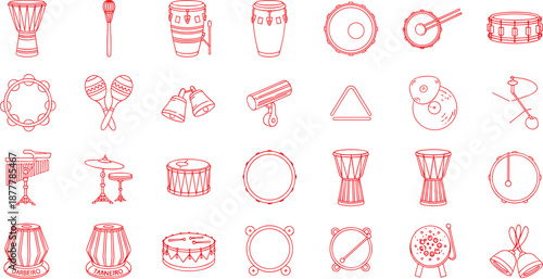 Collection of various musical drums and percussion instruments