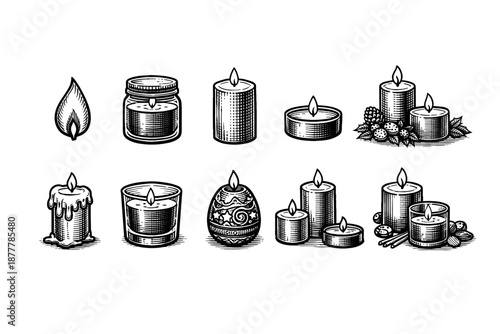 Set of vintage engraved candle illustrations featuring flames, jar candles, pillar and tealight candles, holiday arrangement, and decorative wax designs