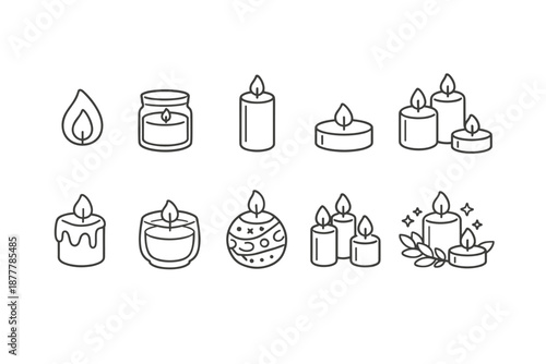 Minimal line art set of candles and flames, including jar candle, pillar, tealight, dripping wax, decorative candle, and botanical arrangement icons