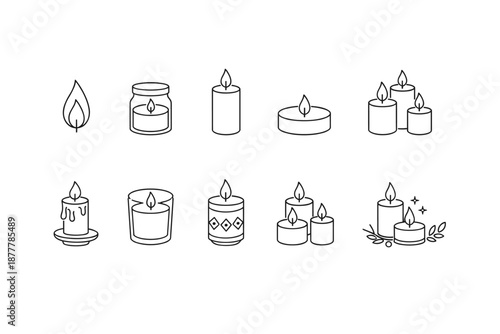 Minimal line art set of burning candles, flame icons, jar candles, pillar and tea lights, grouped arrangements and decorative candle illustrations