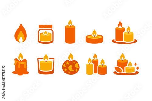 Set of glowing candle icons with flames, wax, jars, tea lights, and decorative holders in warm orange tones, isolated on white background