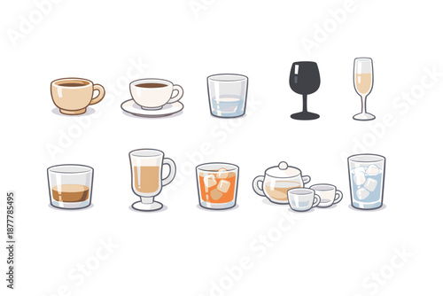 Set of illustrated beverage glassware icons featuring coffee cups, tea set, water tumbler, iced drink, and wine and champagne glasses in minimal style