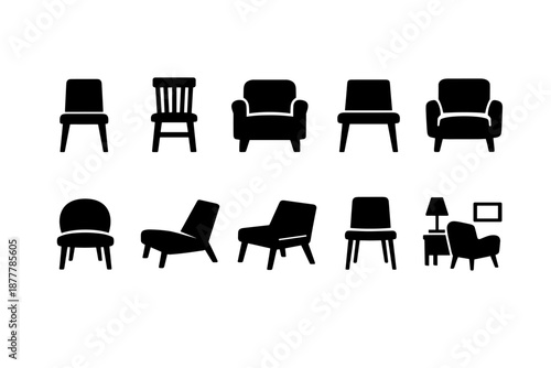Set of black furniture silhouette icons featuring chairs, armchairs, lounge seating, and a small living room arrangement on a white background