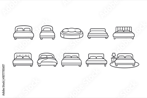 Minimal line art set of bed icons in black outline, showing multiple bedroom furniture styles including double beds, upholstered frames, and headboards