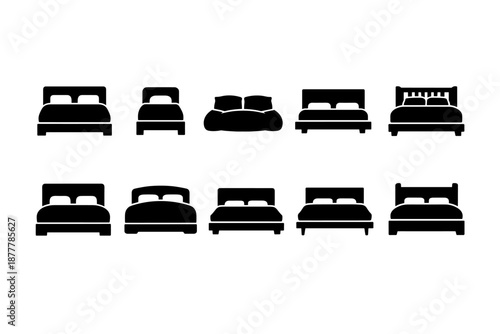 Set of black bed silhouettes showing different bedroom furniture styles, including double beds, single bed, sofa bed, and headboard variations on white