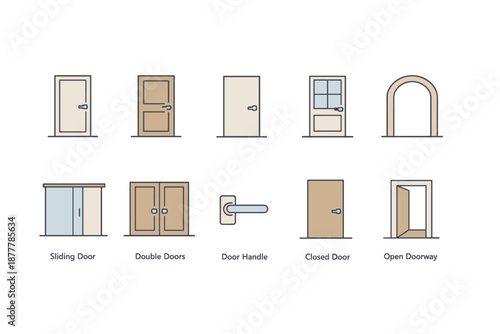 Flat vector set of door icons showing sliding, double, closed and open doors, doorway arch and handle, simple architectural outline illustrations