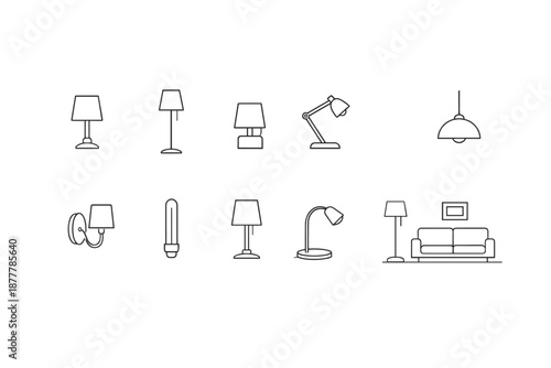 Minimal line icon set of home lighting fixtures and living room furniture, including table lamps, wall sconce, desk lamp, pendant light, and sofa
